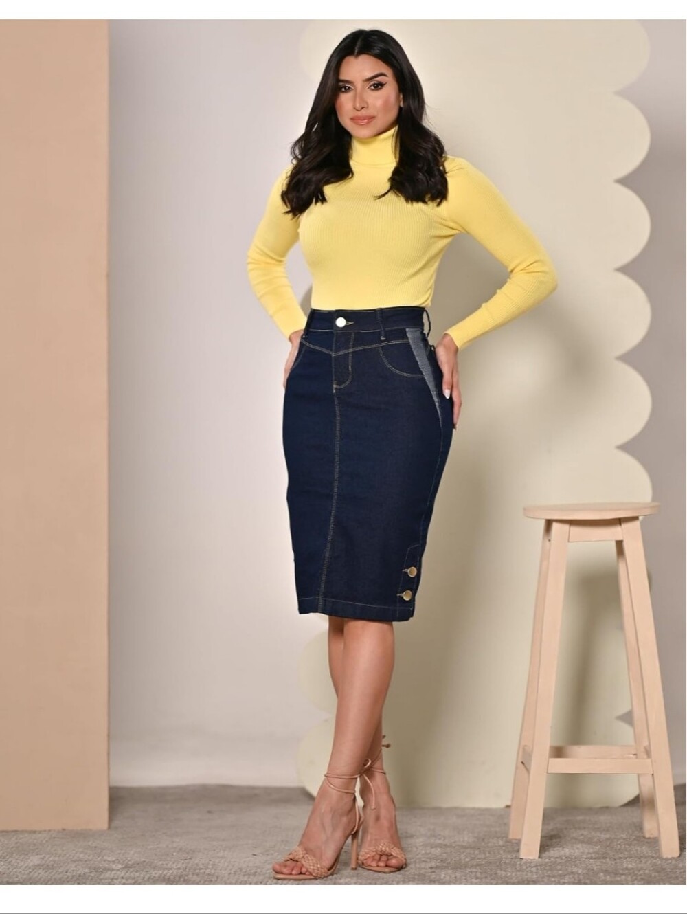 Dark Blue Denim Pencil Skirt with Contrast Panels From AMAZON